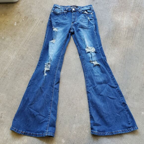 Almost Famous Jeans Womens  Blue Denim Flared Distressed Stretch Size 5 - Picture 1 of 7
